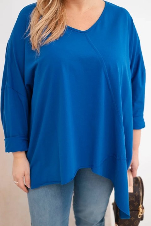 Bluzka damska bawełniana Plus Size z asymetrycznym dołem i dekoltem V chabrowa