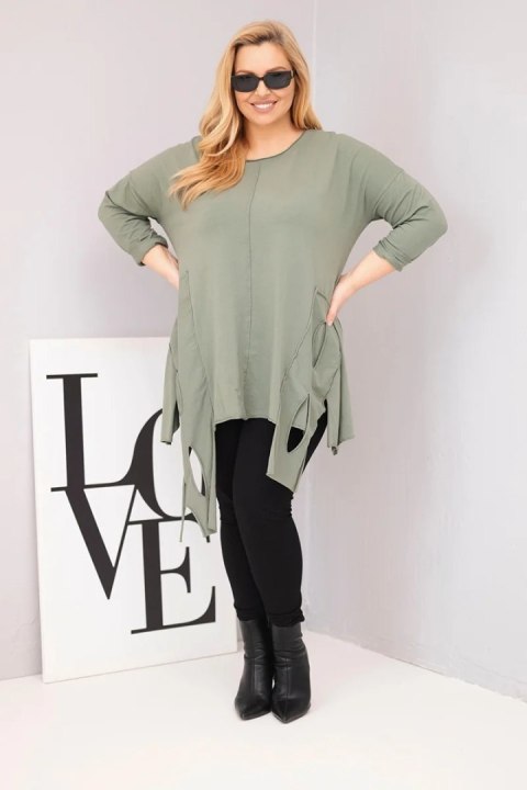 Bluzka damska bawełniana Plus Size z asymetrycznym dołem i wycięciami khaki