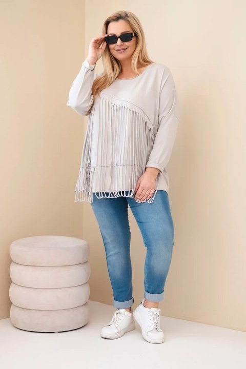 Bluzka damska bawełniana Plus Size z frędzlami beżowa