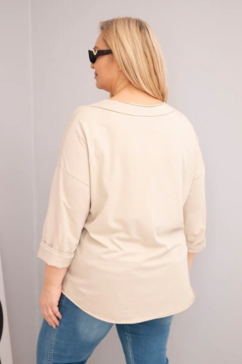Bluzka damska bawełniana Plus Size z głębokim dekoltem V i asymetrycznym dołem beżowa