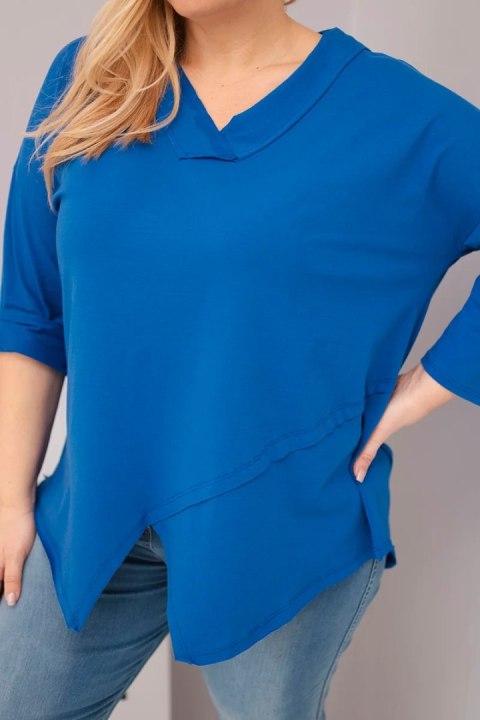 Bluzka damska bawełniana Plus Size z głębokim dekoltem V i asymetrycznym dołem chabrowa