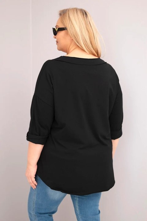 Bluzka damska bawełniana Plus Size z głębokim dekoltem V i asymetrycznym dołem czarna