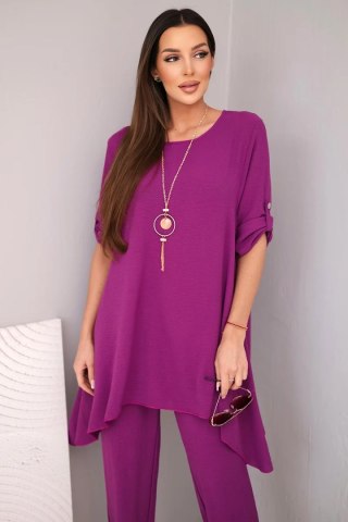 Komplet bluzka + spodnie z wisiorkiem bakłażanowy