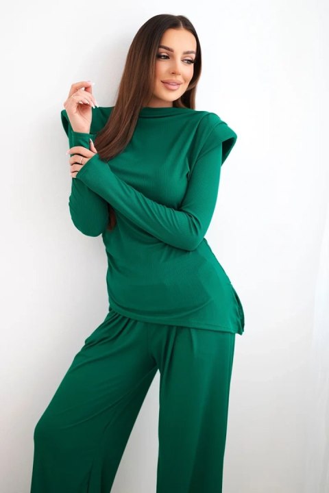 Komplet damski bawełniany z bluzką i spodniami z szeroką nogawką zielony