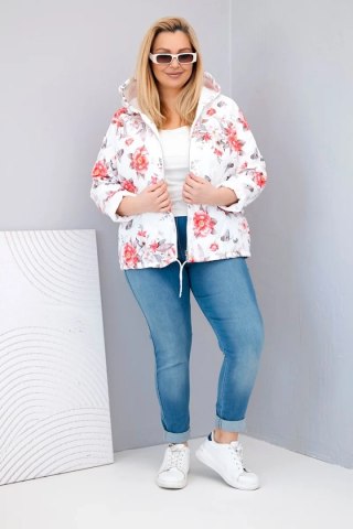 Kurtka damska wiosenna pikowana Plus Size z kapturem i kwiatowym wzorem biała