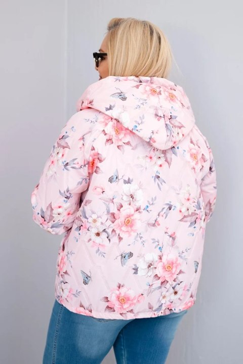 Kurtka damska wiosenna pikowana Plus Size z kapturem i kwiatowym wzorem pudrowy róż