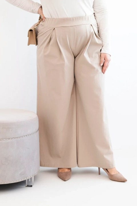 Spodnie damskie Plus Size z szerokimi nogawkami i plisowaniem ciemno beżowe