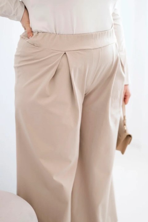 Spodnie damskie Plus Size z szerokimi nogawkami i plisowaniem ciemno beżowe