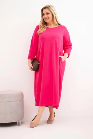Sukienka damska Plus Size bawełniana z długim rękawem i marszczeniem w talii fuksja
