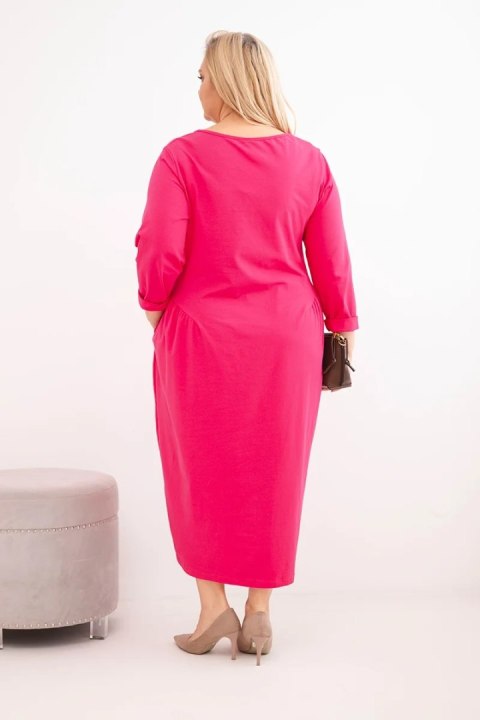 Sukienka damska Plus Size bawełniana z długim rękawem i marszczeniem w talii fuksja