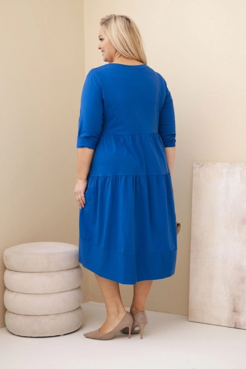 Sukienka damska bawełniana Plus Size z falbanami i podwiniętym rękawem chabrowa