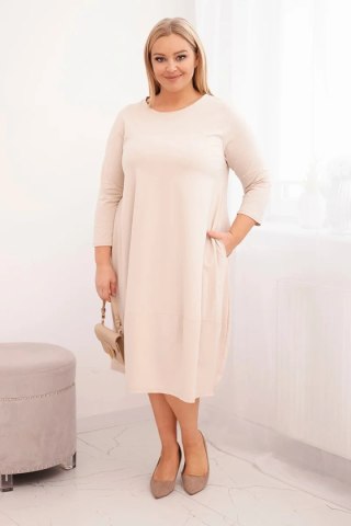 Sukienka damska bawełniana Plus Size z podwijanym rękawem i kieszeniami beżowa