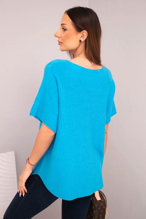 Bluzka damska sweterkowa z krótkim rękawem i dekoltem w serek turkusowa