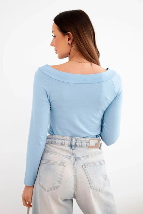 Bluzka damska wiskozowa z szerokim dekoltem i długim rękawem niebieska