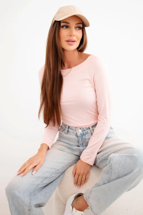 Bluzka damska wiskozowa z szerokim dekoltem i długim rękawem róż pudrowy