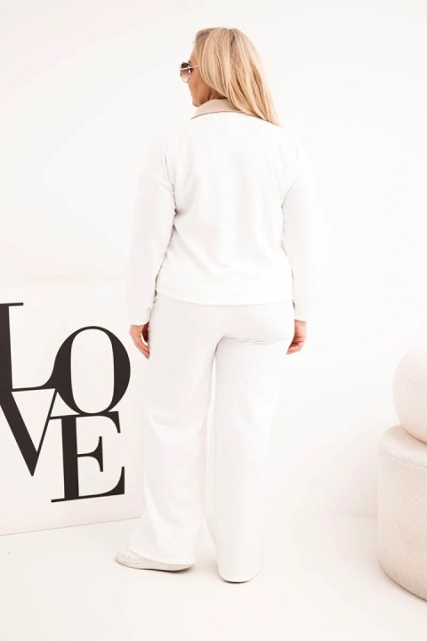 Komplet damski masełko Plus Size z szerokimi nogawkami i kołnierzykiem biały