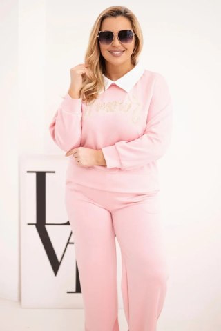 Komplet damski masełko Plus Size z szerokimi nogawkami i kołnierzykiem jasny różowy