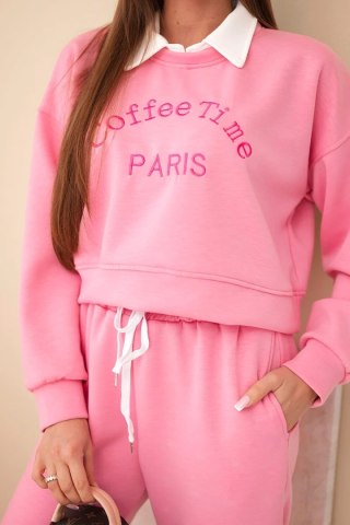 Komplet damski masełko bluza z kołnierzykiem i proste spodnie jasny różowy