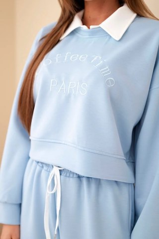 Komplet damski masełko bluza z kołnierzykiem i proste spodnie niebieski