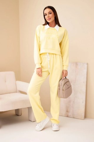 Komplet damski masełko bluza z kołnierzykiem i proste spodnie żółty