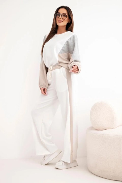 Komplet damski masełko z luźną bluzą i spodniami z szeroką nogawką beżowy