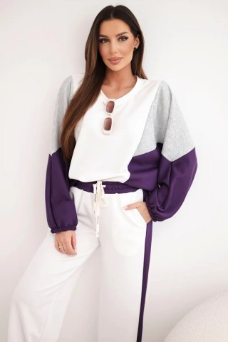 Komplet damski masełko z luźną bluzą i spodniami z szeroką nogawką ciemny fioletowy