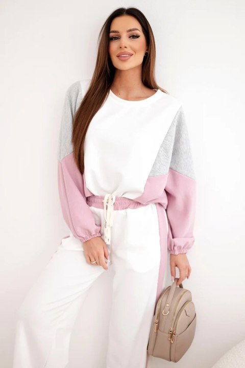 Komplet damski masełko z luźną bluzą i spodniami z szeroką nogawką ciemny różowy