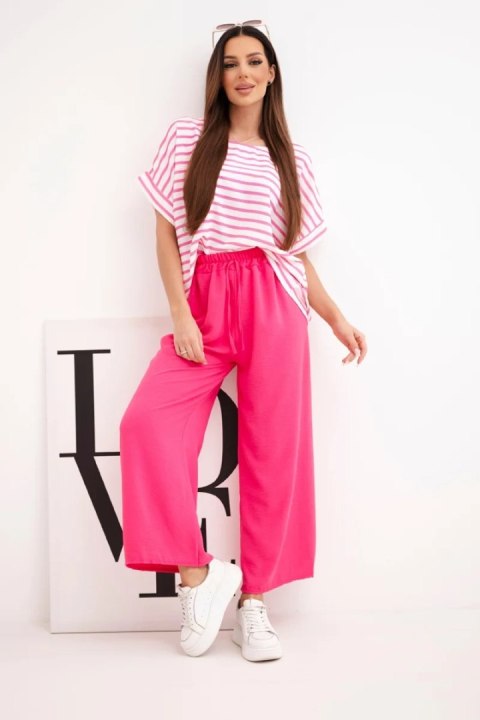 Komplet damski wiskozowy z bluzką w paski i szerokiemi spodniami z gumką fuksja