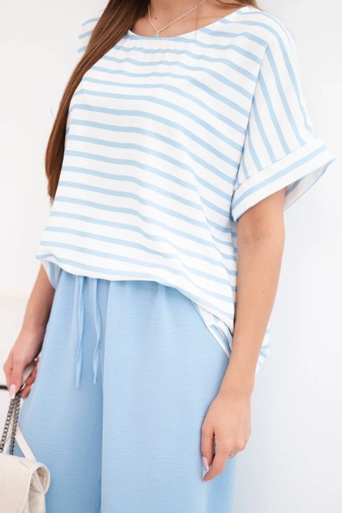 Komplet damski wiskozowy z bluzką w paski i szerokiemi spodniami z gumką niebieski