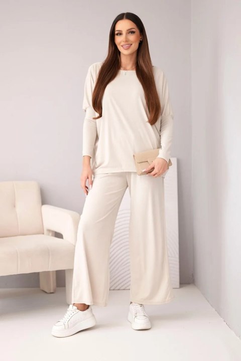 Komplet damski wiskozowy z luźną bluzką i spodniami beżowy
