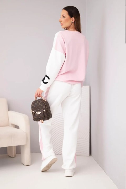Komplet dresowy damski Masełko dwukolorowy z bluzą oversize i prostymi spodniami pudrowy róż+biały