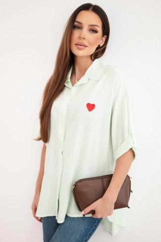 Koszula damska bawełniana w paski z haftowanym sercem miętowa
