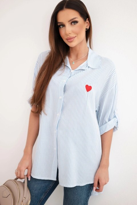 Koszula damska bawełniana w paski z haftowanym sercem niebieska