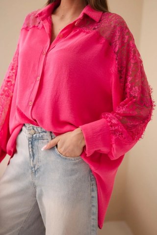 Koszula damska wiskozowa z koronkowymi rękawami i kołnierzykiem różowa