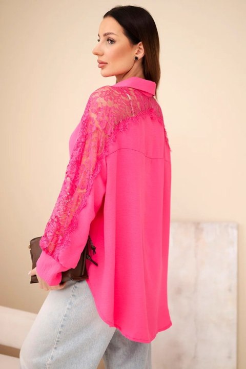Koszula damska wiskozowa z koronkowymi rękawami i kołnierzykiem różowa