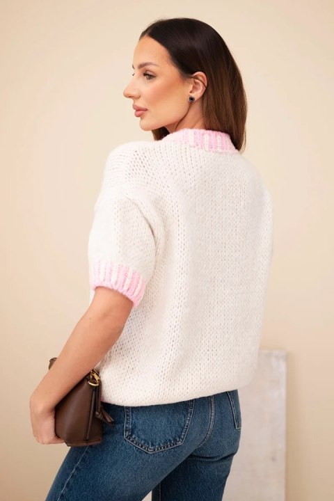 Sweter damski z krótkim rękawem i kontrastowym ściągaczem beżowy