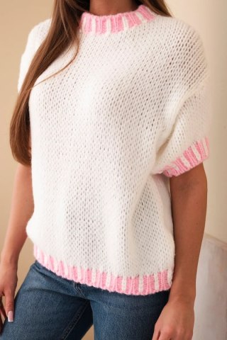 Sweter damski z krótkim rękawem i kontrastowym ściągaczem ecru