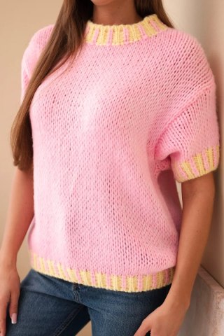 Sweter damski z krótkim rękawem i kontrastowym ściągaczem jasno różowy