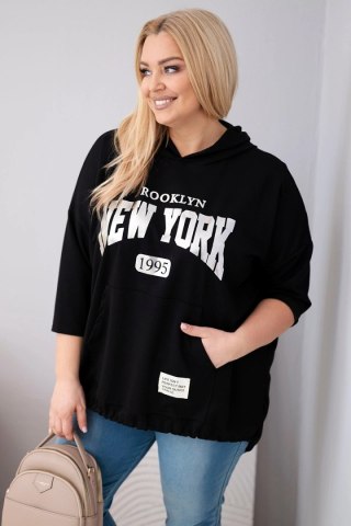 Bluza damska Plus Size wiskozowa z kapturem i kieszenią kangurką czarna