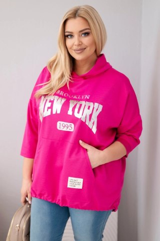 Bluza damska Plus Size wiskozowa z kapturem i kieszenią kangurką fuksja