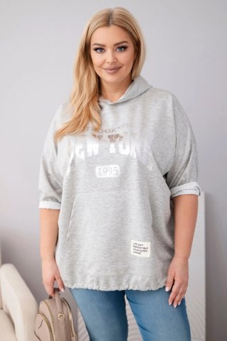 Bluza damska Plus Size wiskozowa z kapturem i kieszenią kangurką szary melanż