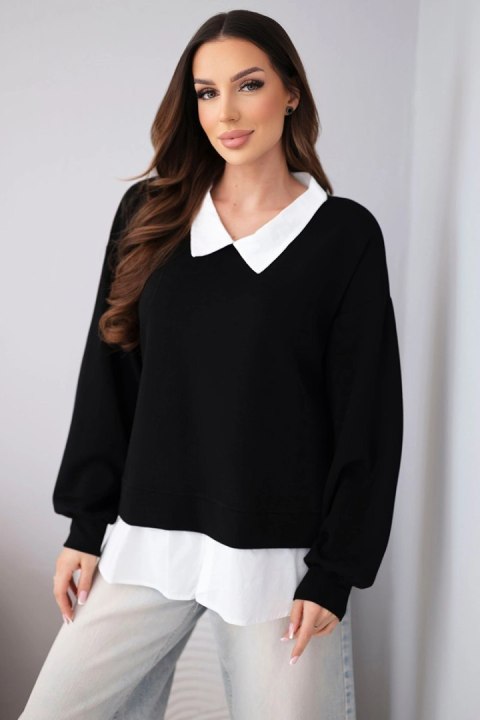 Bluza damska masełkowa z wiskozowy i z koszulową wstawką czarna