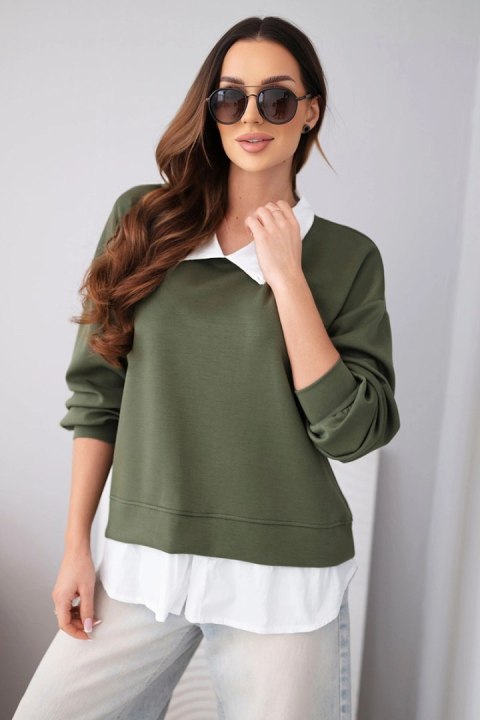 Bluza damska masełkowa z wiskozowy i z koszulową wstawką khaki