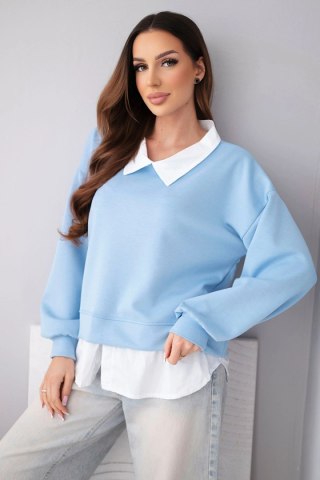 Bluza damska masełkowa z wiskozowy i z koszulową wstawką niebieska