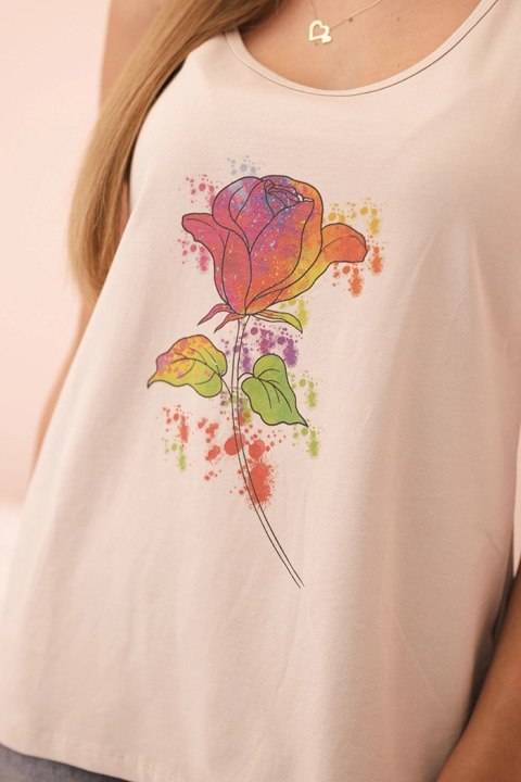 Bluzka damska bawełniana na ramiączkach z nadrukiem kwiatowym beżowa