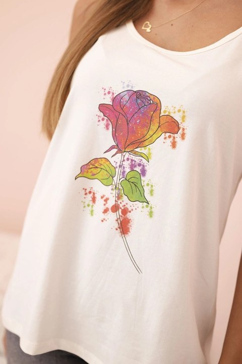 Bluzka damska bawełniana na ramiączkach z nadrukiem kwiatowym ecru