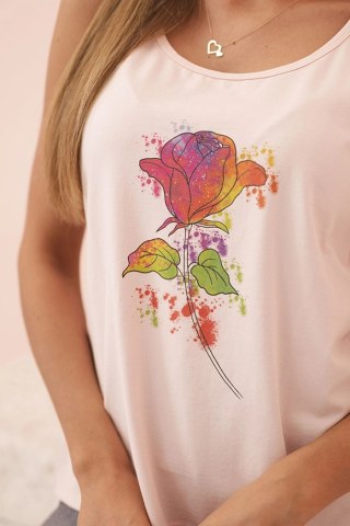 Bluzka damska bawełniana na ramiączkach z nadrukiem kwiatowym pudrowy róż