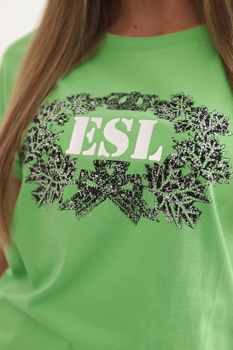 Bluzka damska bawełniana z ozdobnym nadrukiem ESL zielona