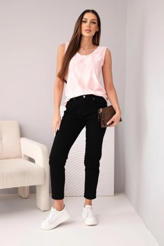 Bluzka damska wiskozowa bez rękawów w romby i falbanką przy dekolcie pudrowy róż