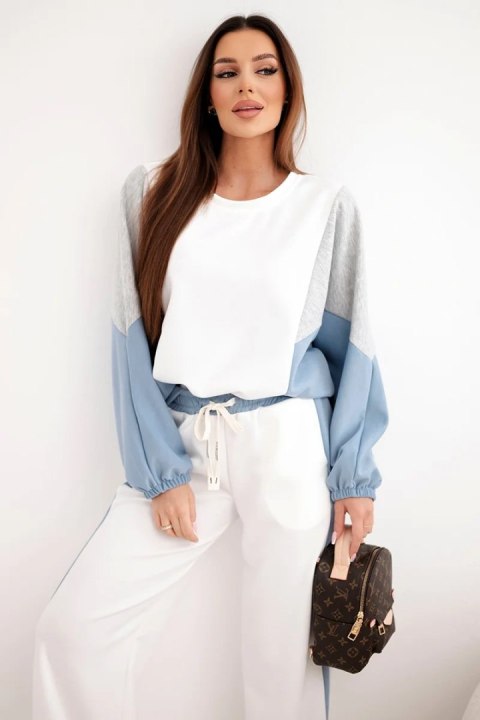 Komplet damski masełko z luźną bluzą i spodniami z szeroką nogawką jeansowy